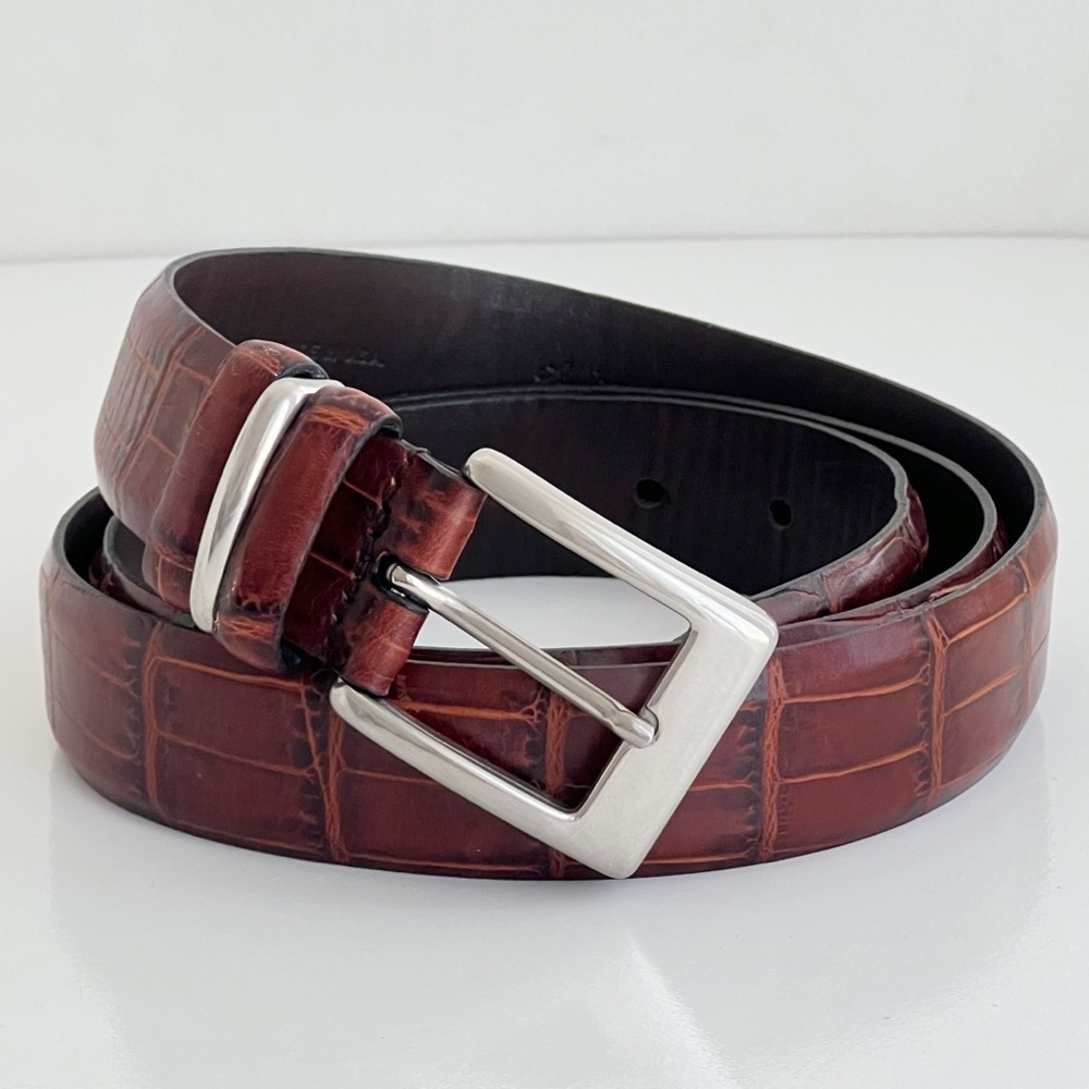 MCM Italy Buckle on Tulliani Brown Alligator Grain Italian Calfskin Belt Size 42
